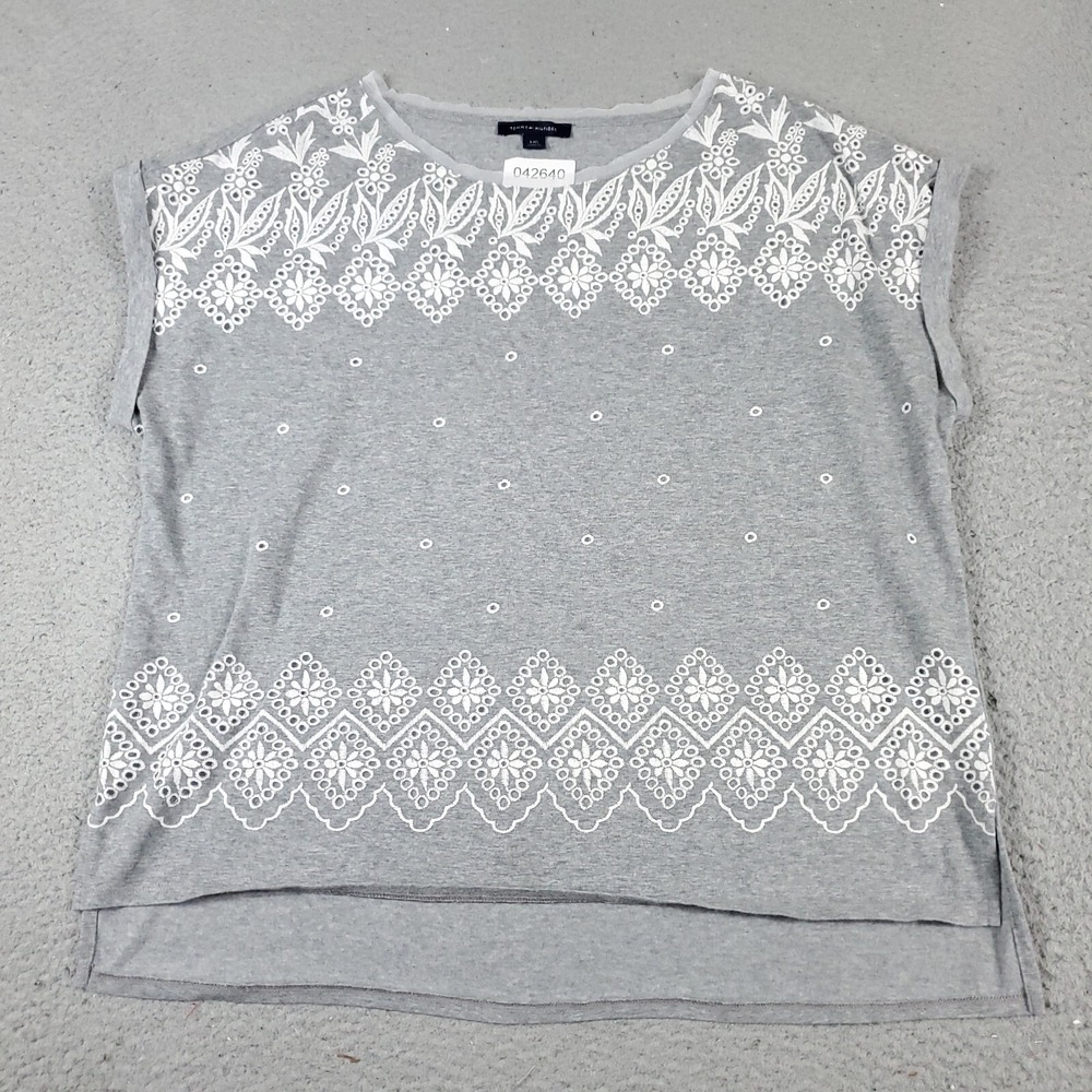 Tommy Hilfiger Womens Large Gray Floral Embroidered Sleeveless Pullover Sweater